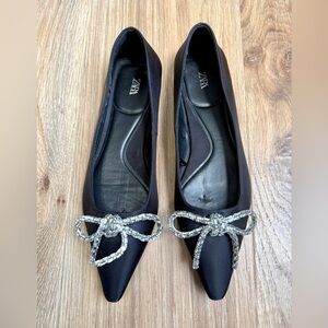 ZARA Black Satin Pointed Toe Flats Crystal Bow Size 39